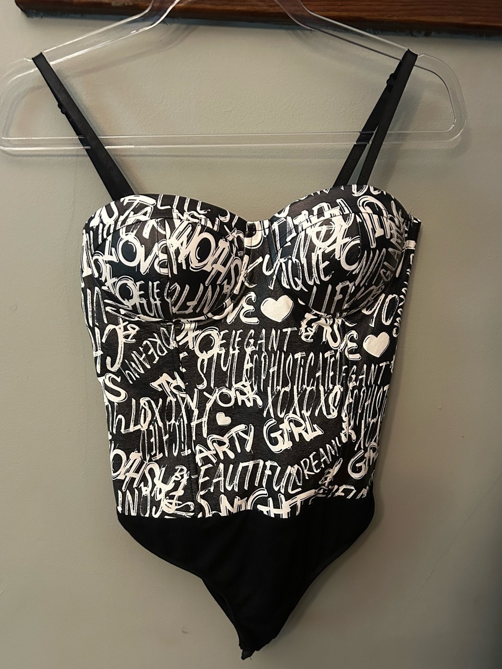 NWT Say What? Black & White Graffiti Scattered Words Faux Leather Bodysuit M